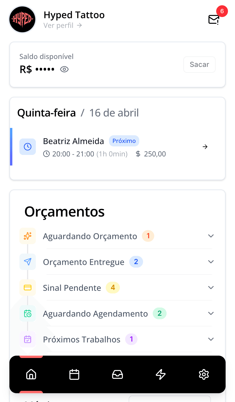 Prévia do hub de conversas e agenda